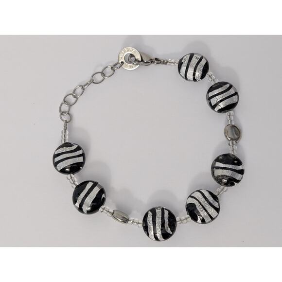 Murrina Amtica Glass Bracelet Black White Silver Zebra Stripe Adjustable Chain - Picture 3 of 6